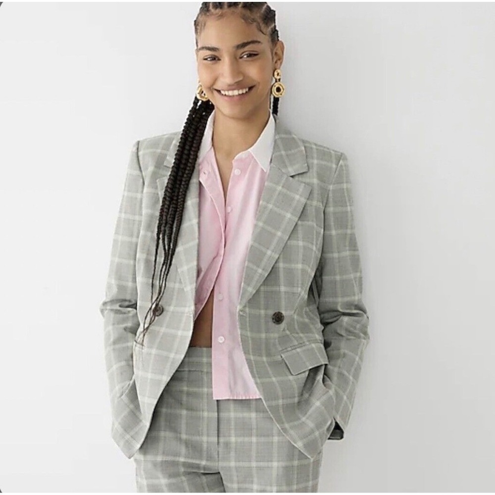 J.Crew Womens Devon Italian Stretch Wool Glen Plaid Double Breasted Blazer Grey